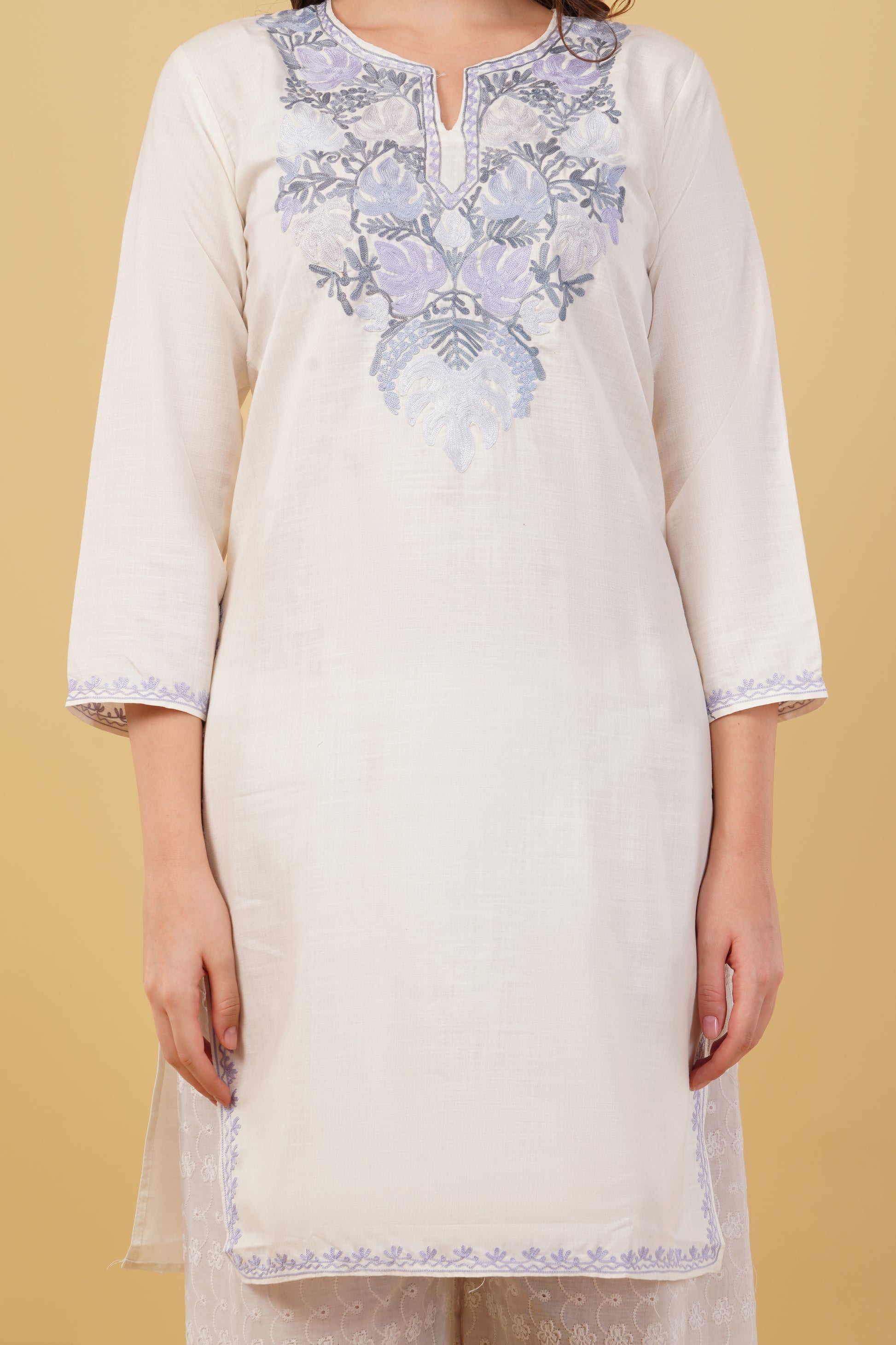 Kashmiri Aari embroidery Cotton Long Kurti Size-40(White)