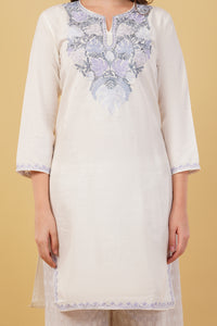 Kashmiri Aari embroidery Cotton Long Kurti Size-40(White)