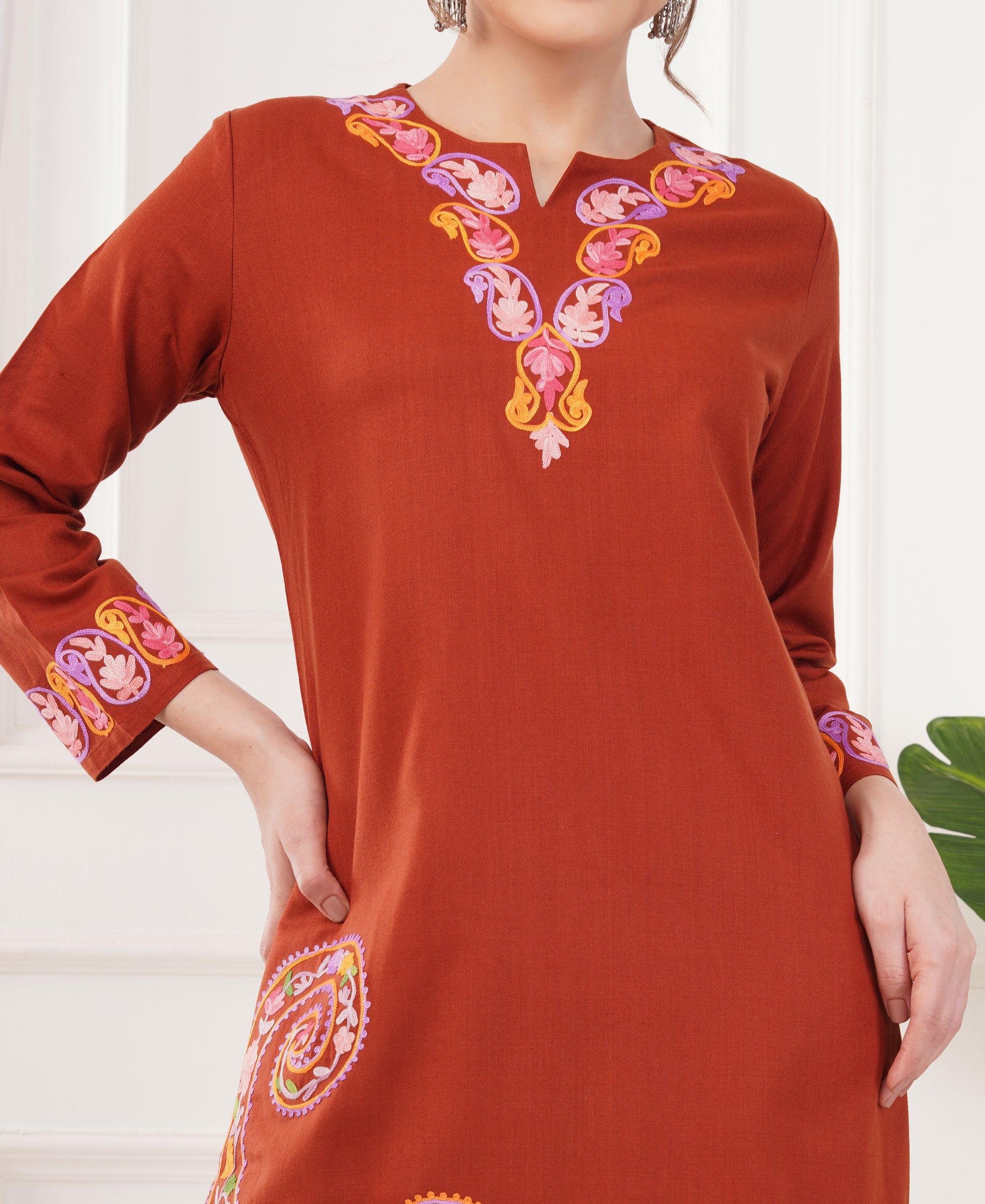 Pure Acro Wool Kashmiri Aari Work Kurti, Pant & Shawl Set (Rust Orange)