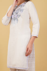 Kashmiri Aari embroidery Cotton Long Kurti Size-40(White)
