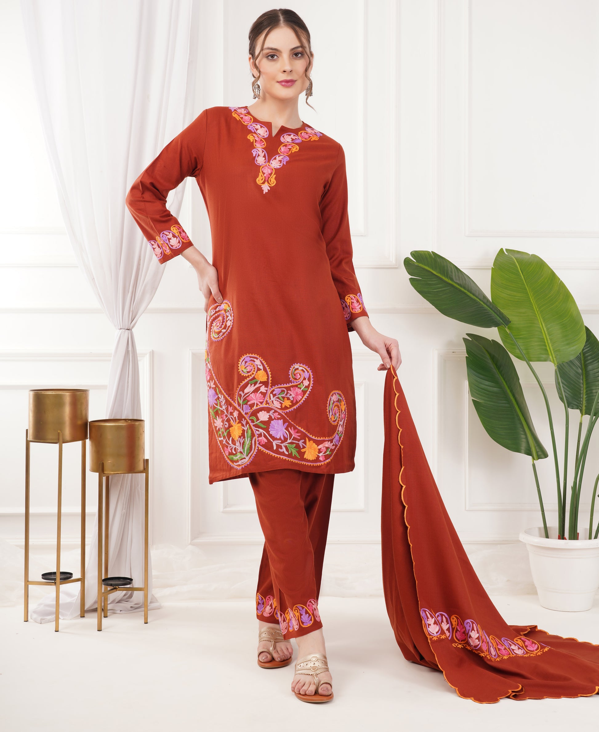 Pure Acro Wool Kashmiri Aari Work Kurti, Pant & Shawl Set (Rust Orange)