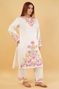 Kashmiri Aari embroidery Jaam Cotton Co-ord set Size-46 (White)