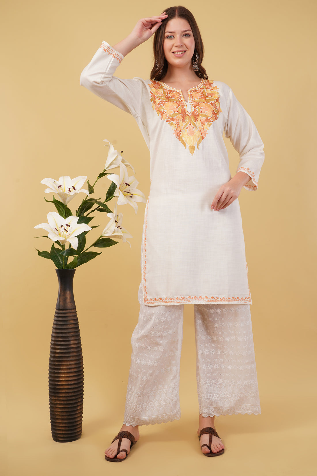 Kashmiri Aari embroidery Cotton Long Kurti Size-42(White)