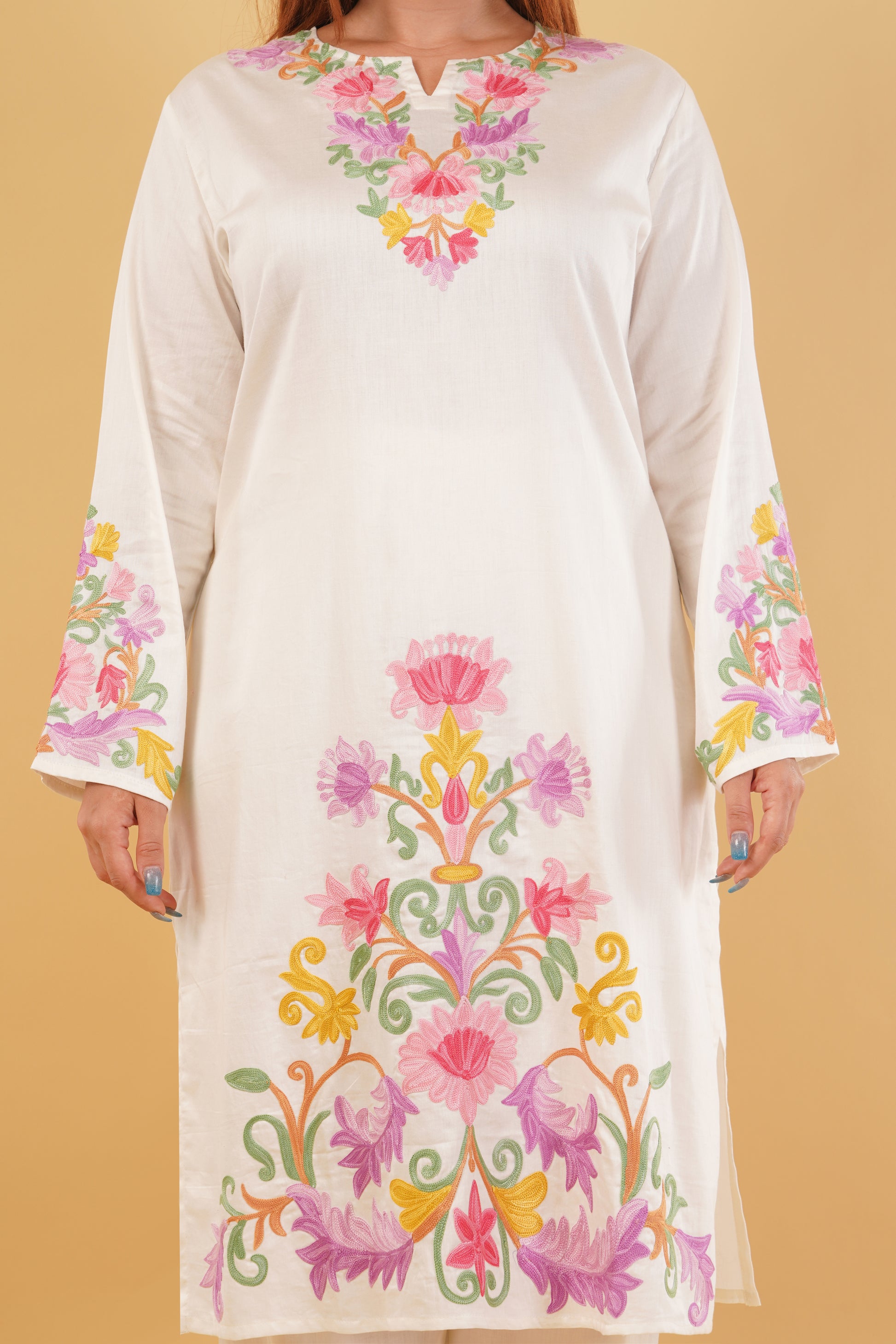 Kashmiri Aari embroidery Jaam Cotton Co-ord set Size-46 (White)