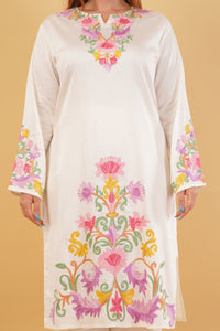 Kashmiri Aari embroidery Jaam Cotton Co-ord set Size-46 (White)