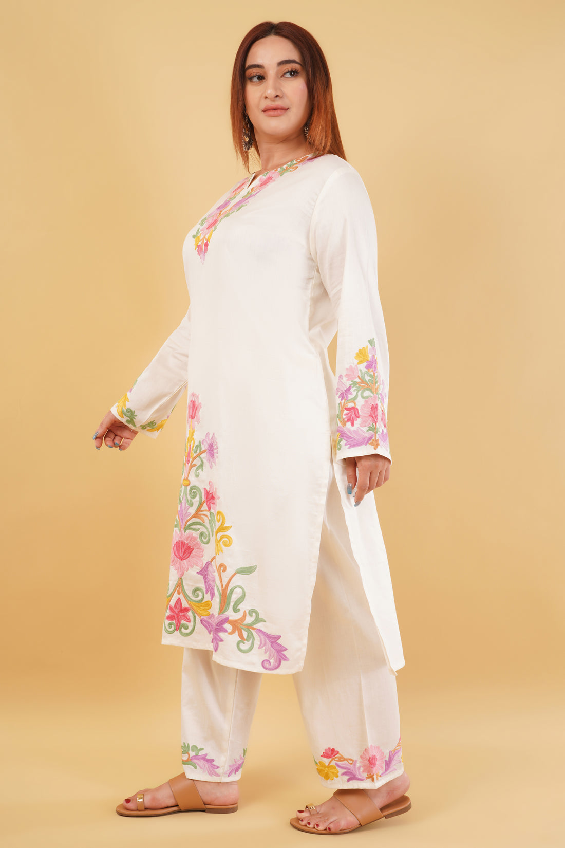Kashmiri Aari embroidery Jaam Cotton Co-ord set Size-46 (White)