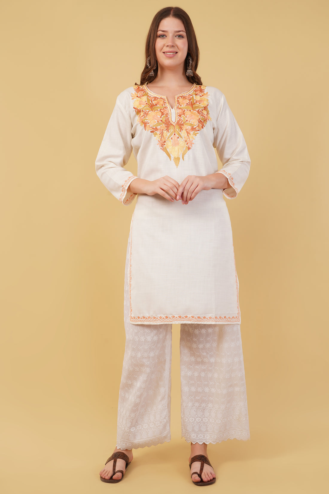 Kashmiri Aari embroidery Cotton Long Kurti Size-42(White)