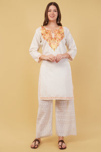 Kashmiri Aari embroidery Cotton Long Kurti Size-42(White)