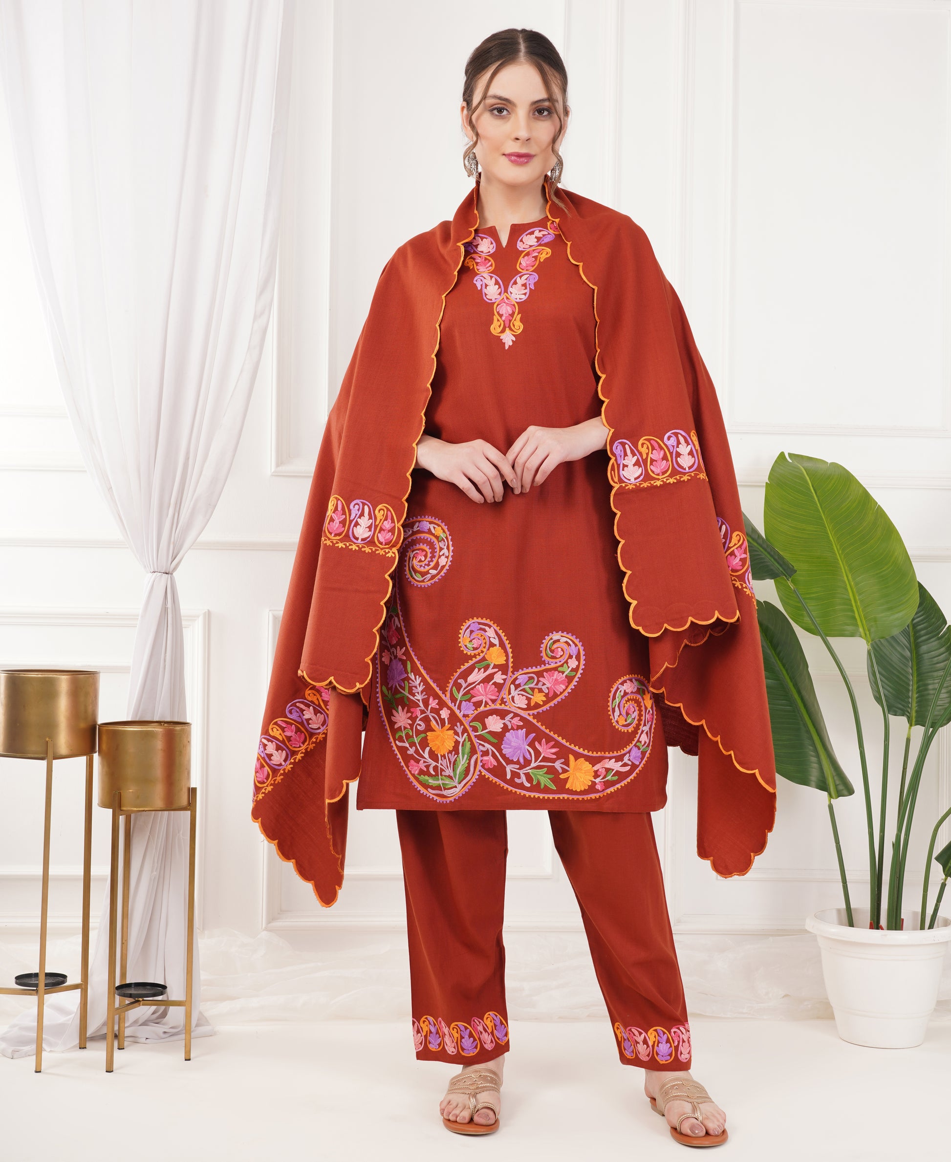 Pure Acro Wool Kashmiri Aari Work Kurti, Pant & Shawl Set (Rust Orange)