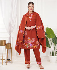 Pure Acro Wool Kashmiri Aari Work Kurti, Pant & Shawl Set (Rust Orange)