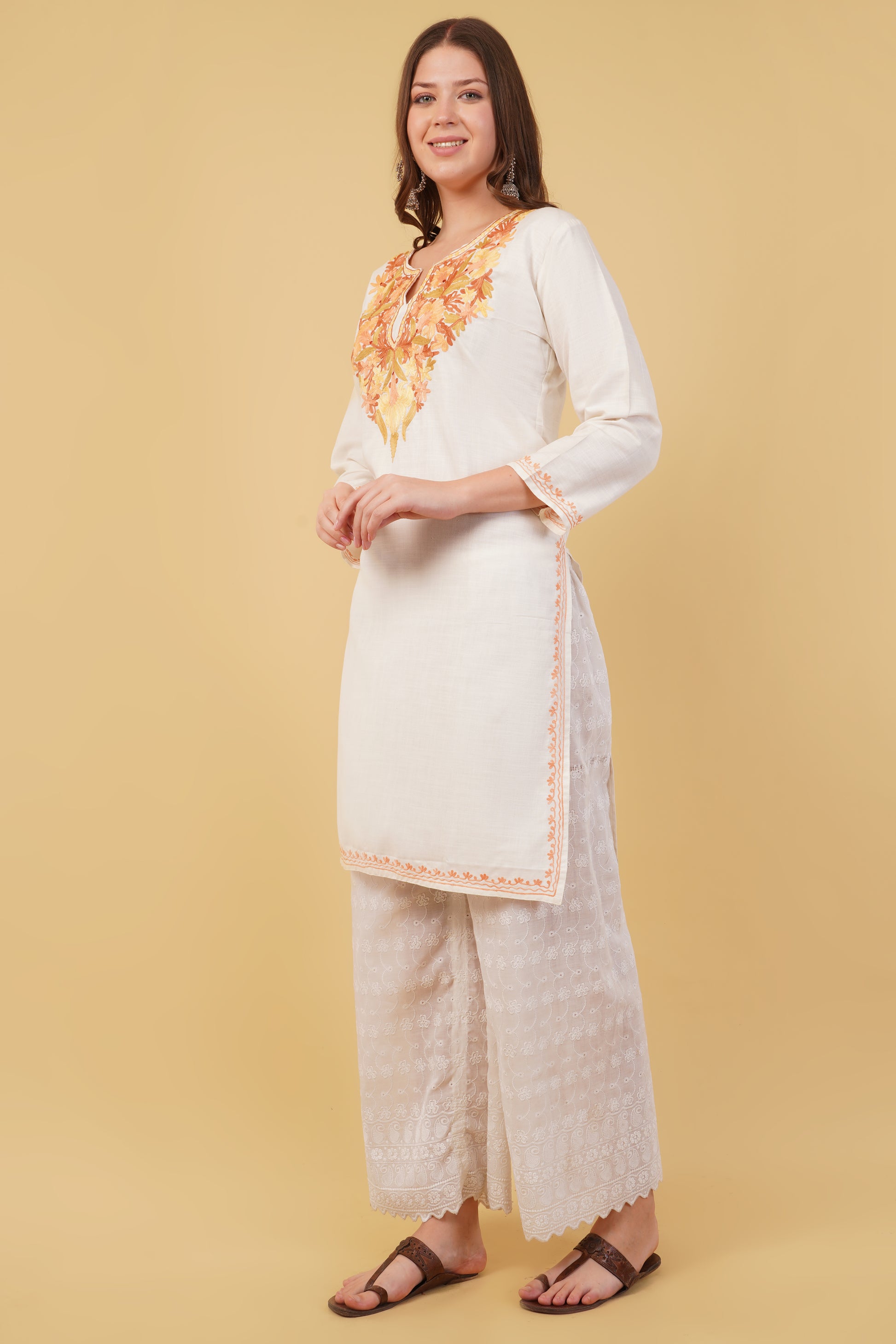 Kashmiri Aari embroidery Cotton Long Kurti Size-42(White)