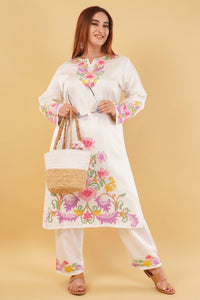 Kashmiri Aari embroidery Jaam Cotton Co-ord set Size-46 (White)