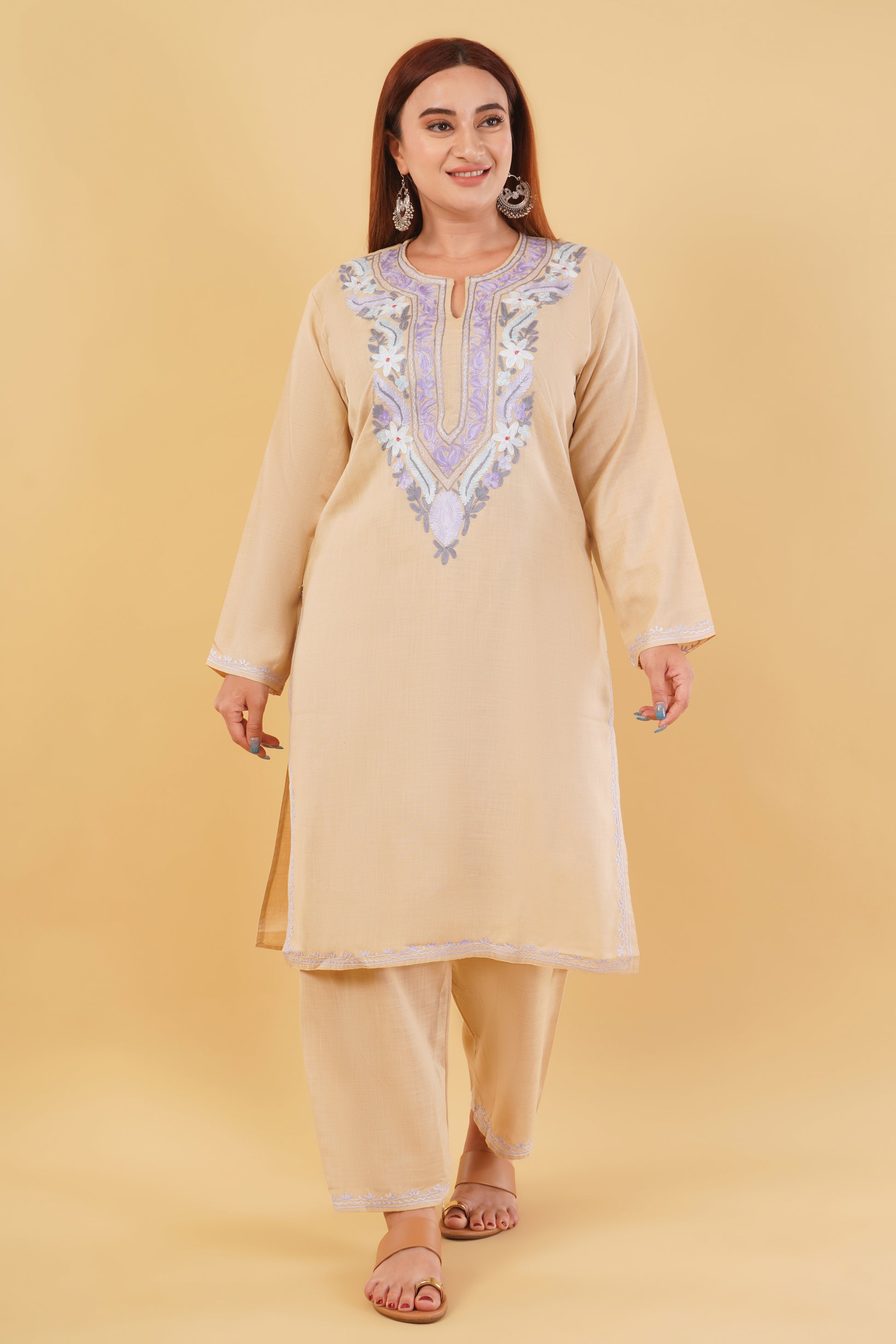 Kashmiri Aari embroidery Cotton Co-ord set Size-44 (Beige)