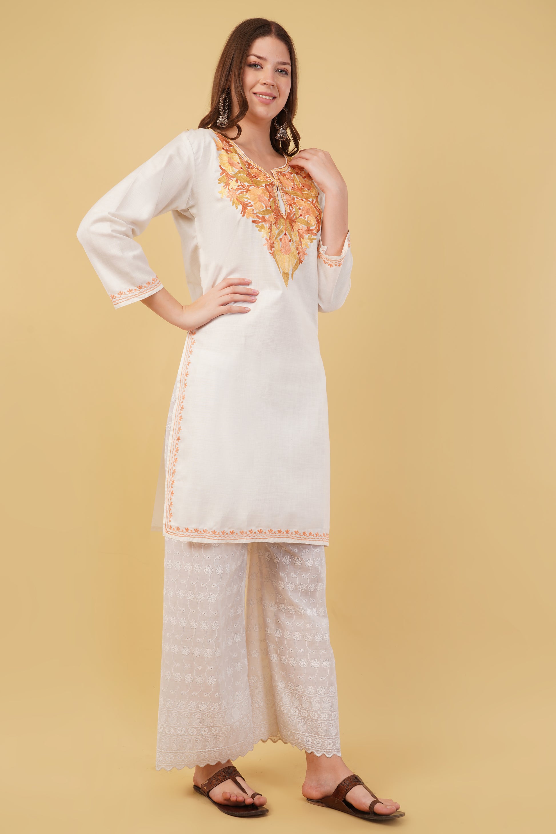 Kashmiri Aari embroidery Cotton Long Kurti Size-42(White)