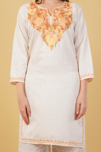 Kashmiri Aari embroidery Cotton Long Kurti Size-42(White)