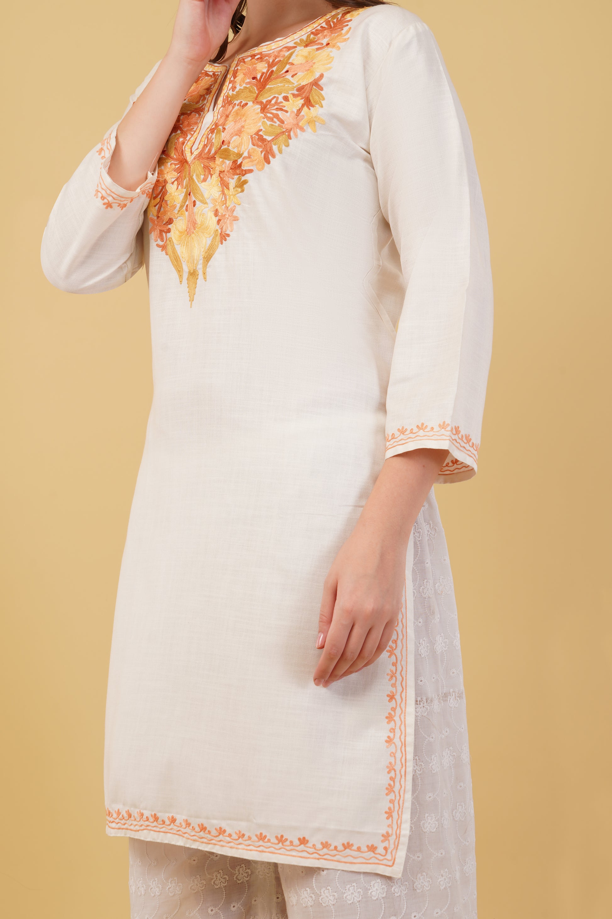 Kashmiri Aari embroidery Cotton Long Kurti Size-42(White)