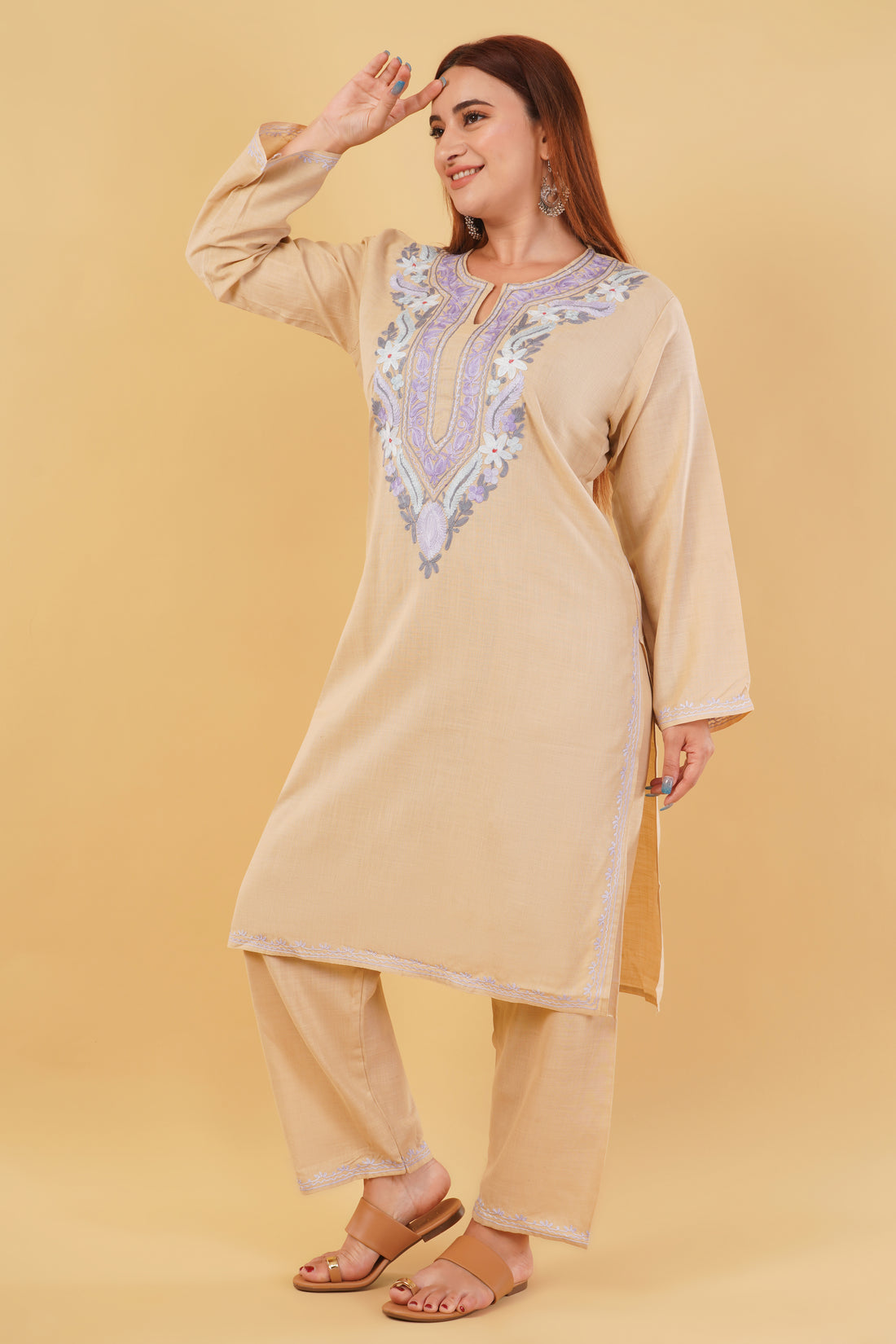 Kashmiri Aari embroidery Cotton Co-ord set Size-44 (Beige)