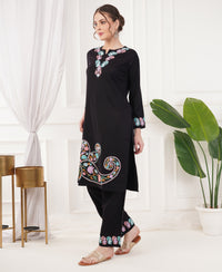 Pure Acro Wool Kashmiri Aari Work Kurti, Pant & Shawl Set (Black)