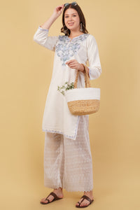 Kashmiri Aari embroidery Cotton Long Kurti Size-40(White)