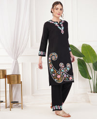 Pure Acro Wool Kashmiri Aari Work Kurti, Pant & Shawl Set (Black)