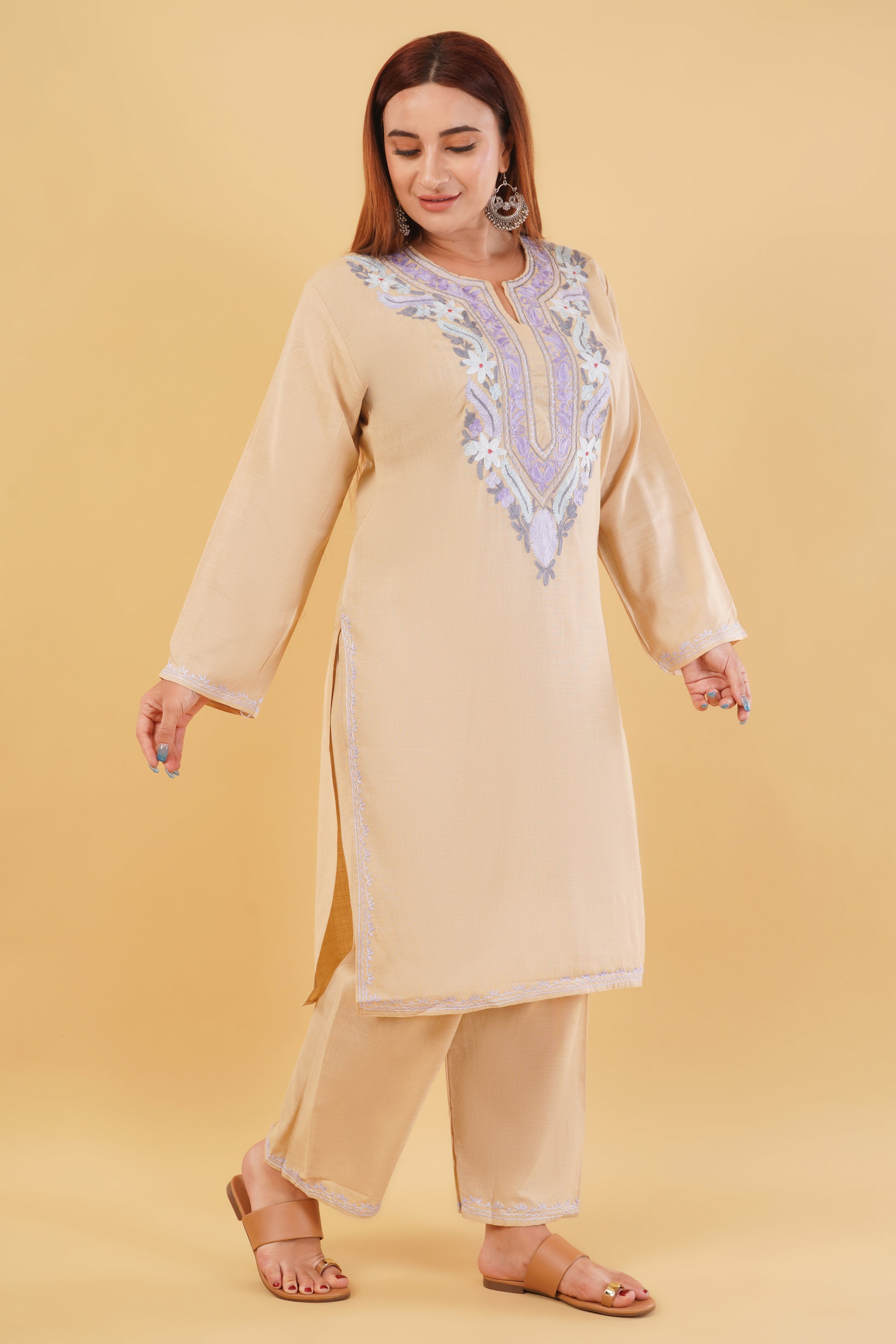 Kashmiri Aari embroidery Cotton Co-ord set Size-44 (Beige)
