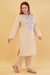 Kashmiri Aari embroidery Cotton Co-ord set Size-44 (Beige)