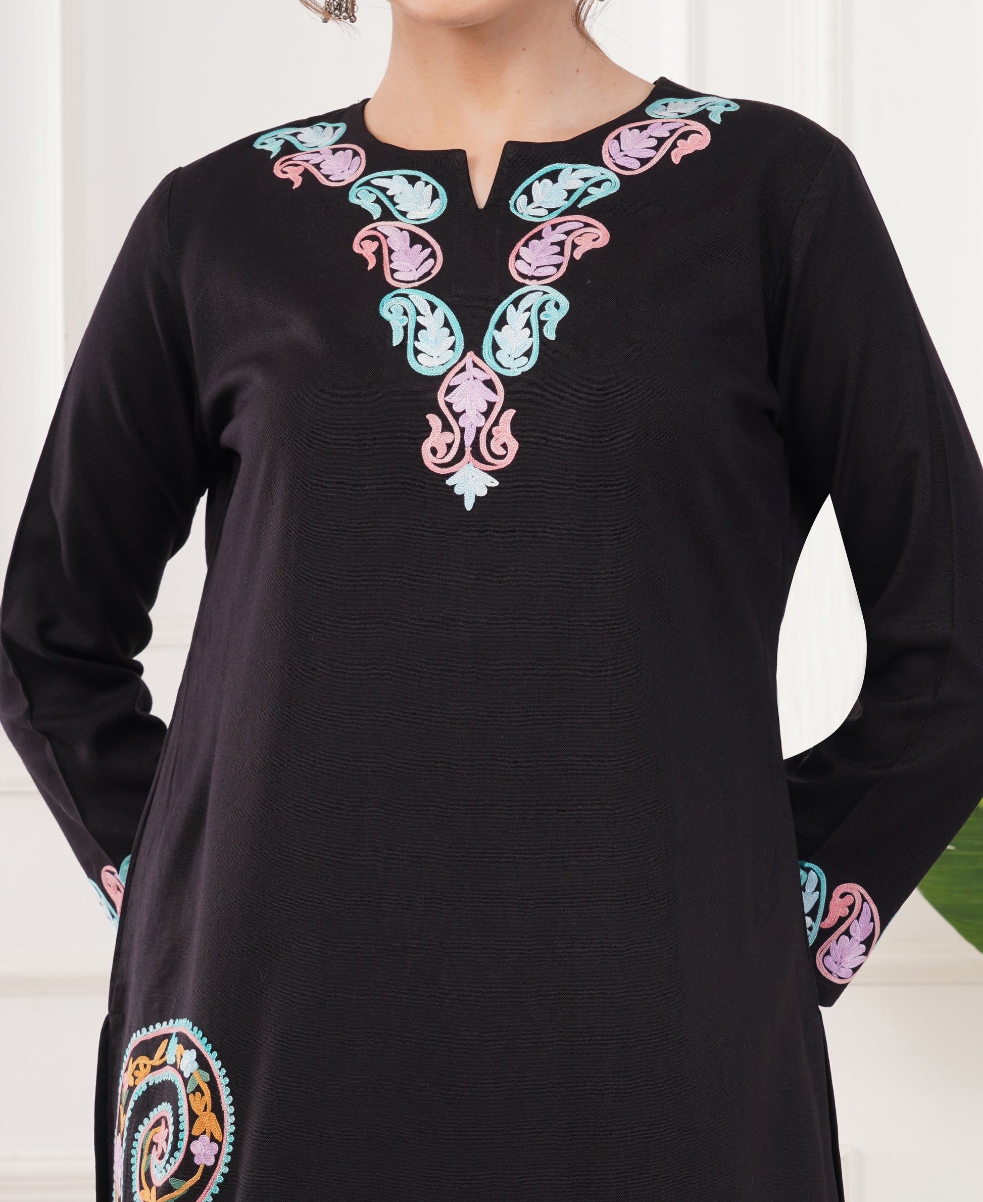 Pure Acro Wool Kashmiri Aari Work Kurti, Pant & Shawl Set (Black)