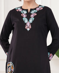 Pure Acro Wool Kashmiri Aari Work Kurti, Pant & Shawl Set (Black)