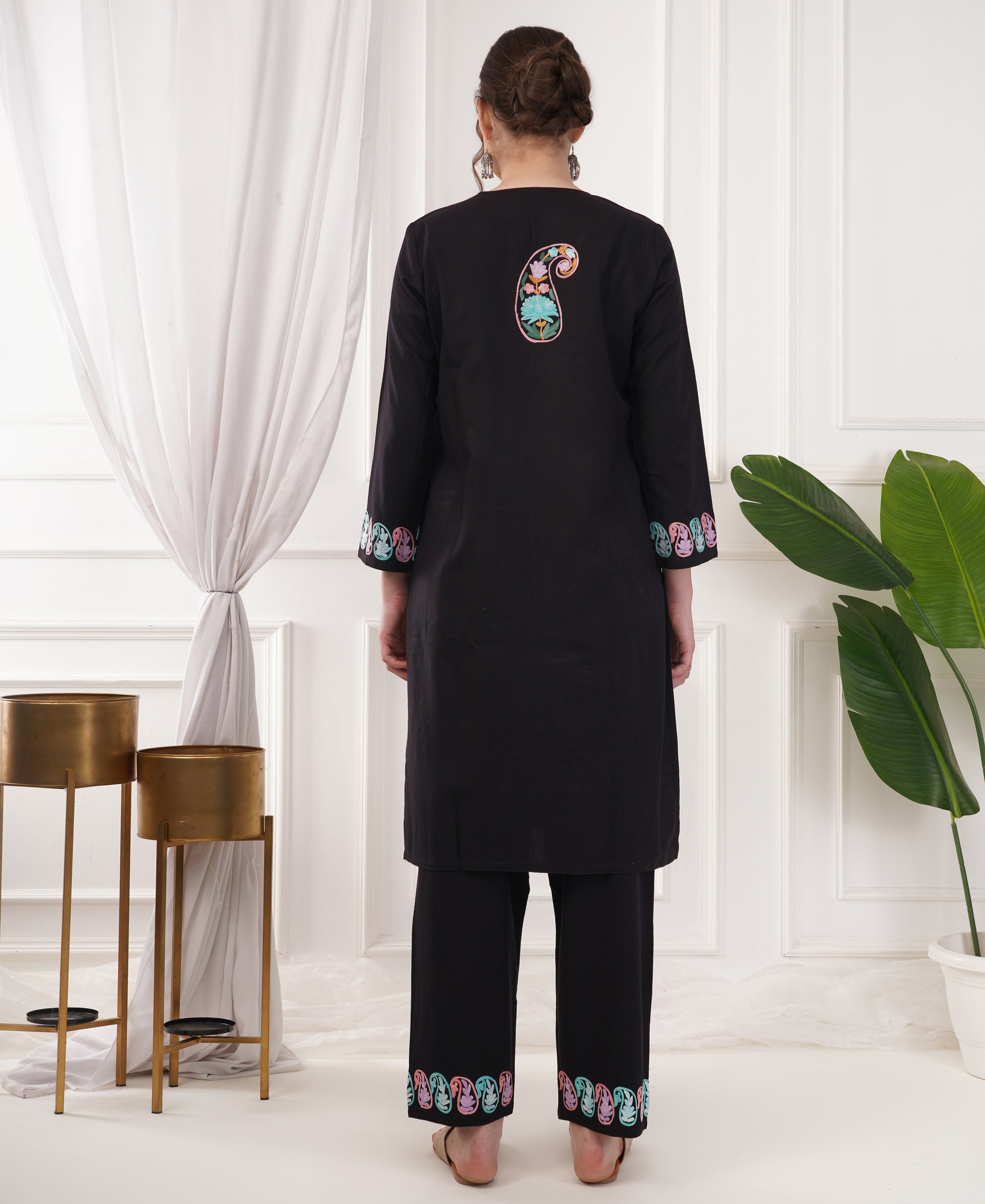 Pure Acro Wool Kashmiri Aari Work Kurti, Pant & Shawl Set (Black)