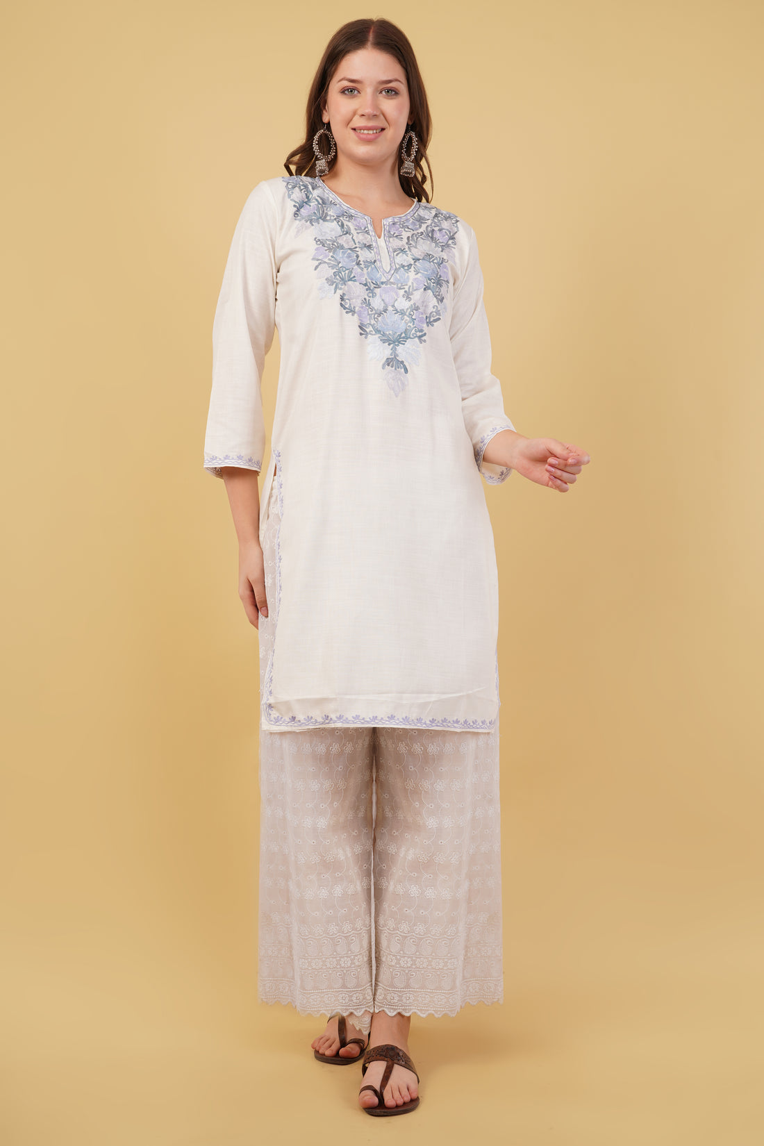 Kashmiri Aari embroidery Cotton Long Kurti Size-40(White)