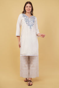 Kashmiri Aari embroidery Cotton Long Kurti Size-40(White)