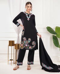 Pure Acro Wool Kashmiri Aari Work Kurti, Pant & Shawl Set (Black)