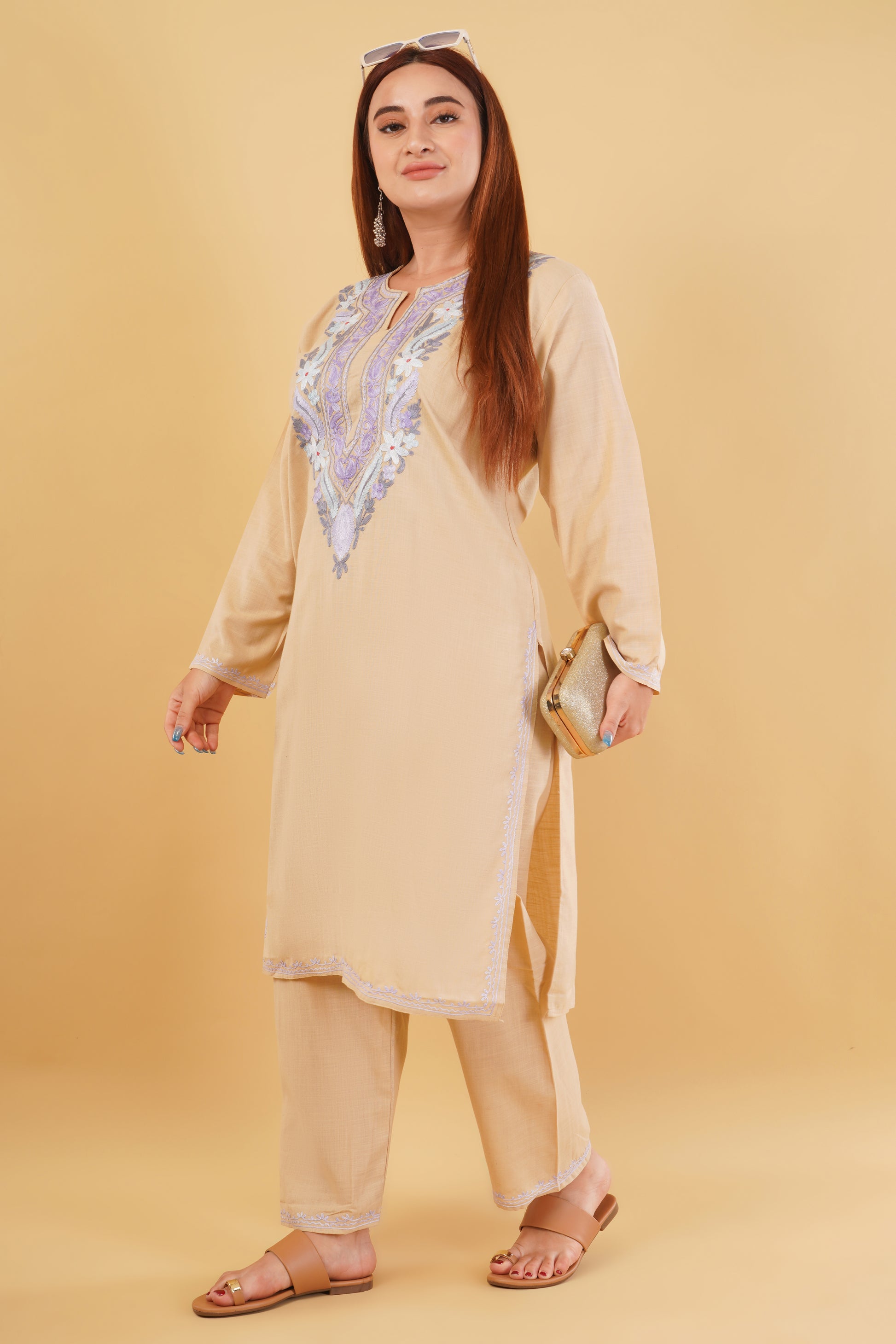 Kashmiri Aari embroidery Cotton Co-ord set Size-44 (Beige)