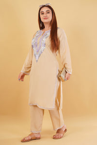 Kashmiri Aari embroidery Cotton Co-ord set Size-44 (Beige)