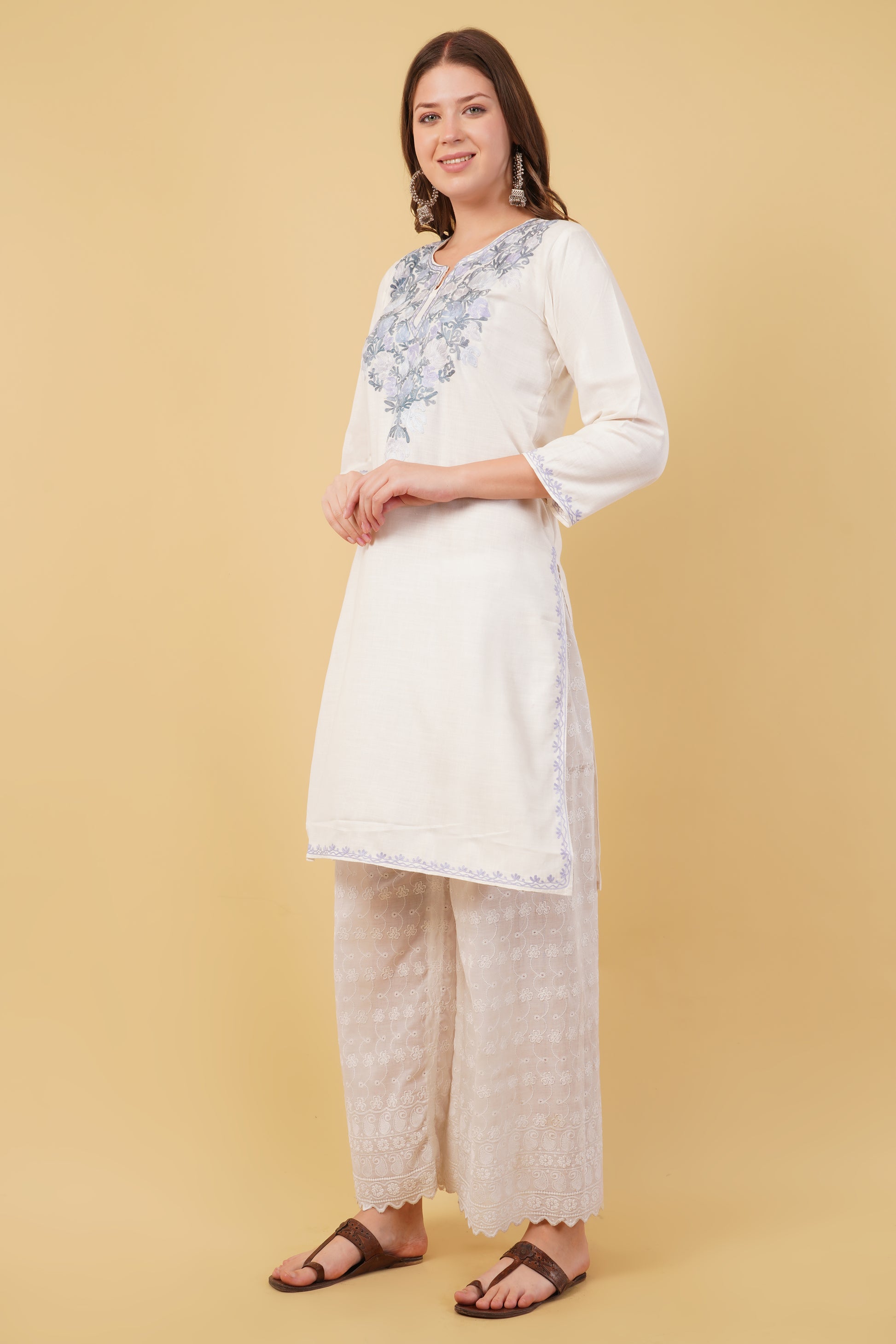 Kashmiri Aari embroidery Cotton Long Kurti Size-40(White)