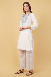 Kashmiri Aari embroidery Cotton Long Kurti Size-40(White)