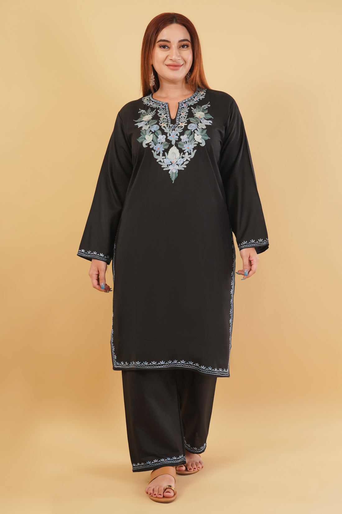 Kashmiri Aari embroidery Cotton Co-ord set Size-44 (Black)
