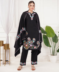 Pure Acro Wool Kashmiri Aari Work Kurti, Pant & Shawl Set (Black)
