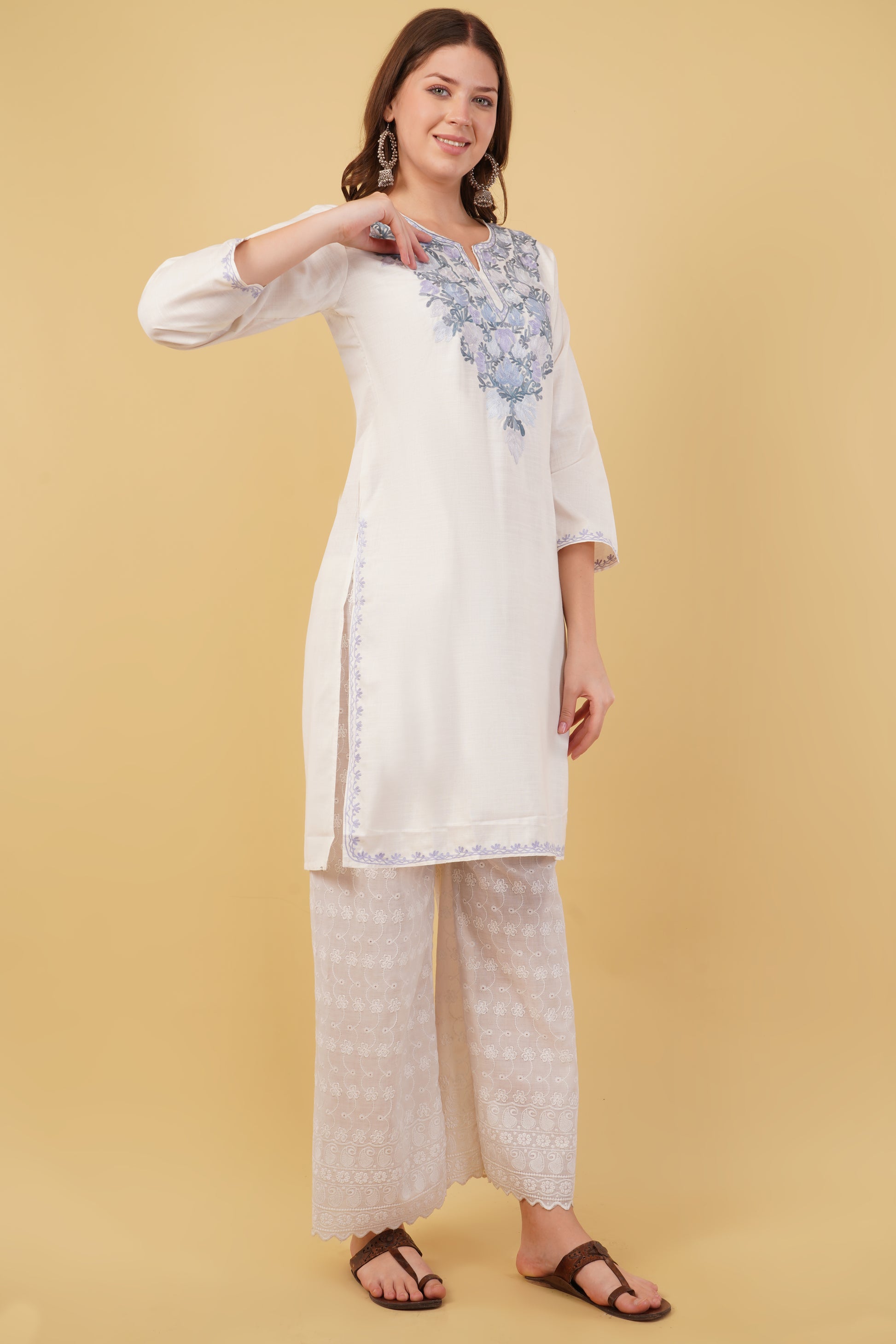 Kashmiri Aari embroidery Cotton Long Kurti Size-40(White)
