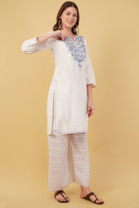 Kashmiri Aari embroidery Cotton Long Kurti Size-40(White)
