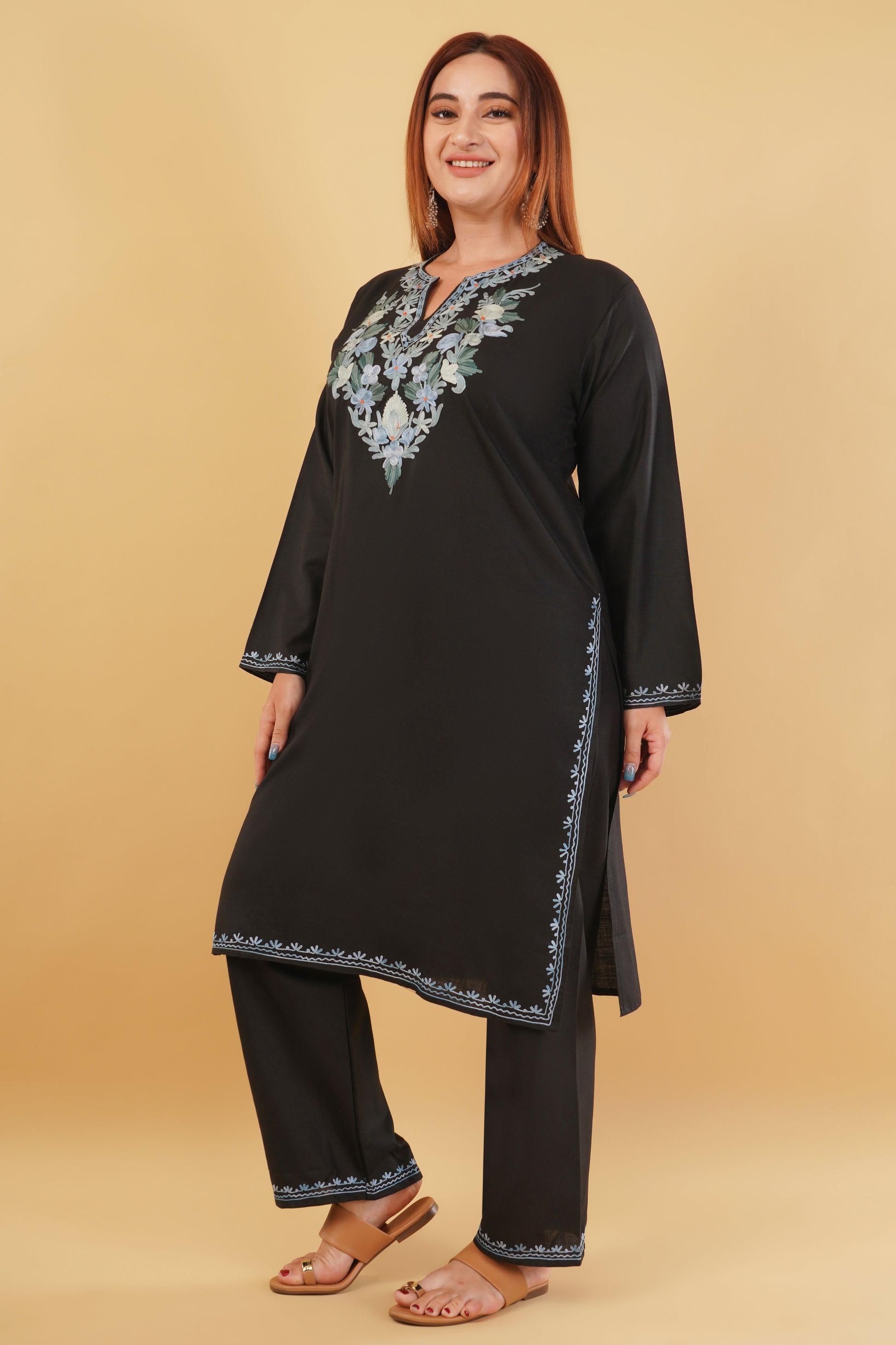 Kashmiri Aari embroidery Cotton Co-ord set Size-44 (Black)