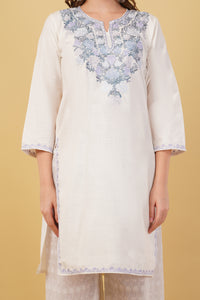 Kashmiri Aari embroidery Cotton Long Kurti Size-40(White)