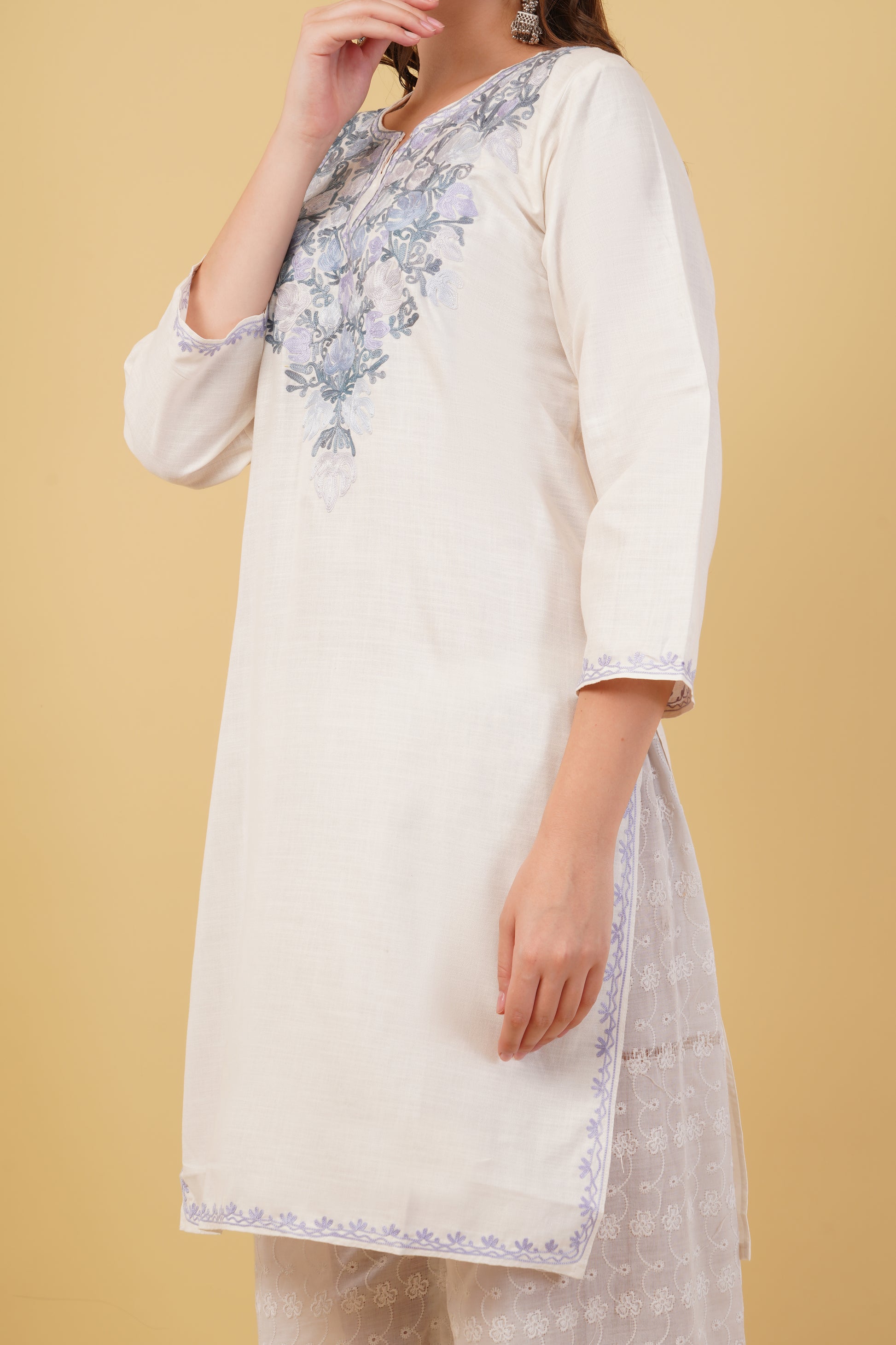 Kashmiri Aari embroidery Cotton Long Kurti Size-40(White)