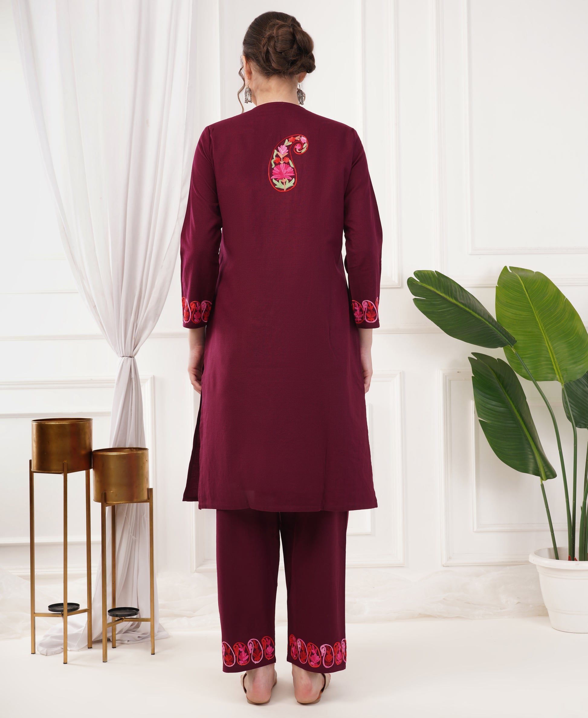 Pure Acro Wool Kashmiri Aari Work Kurti, Pant & Shawl Set (Wine)