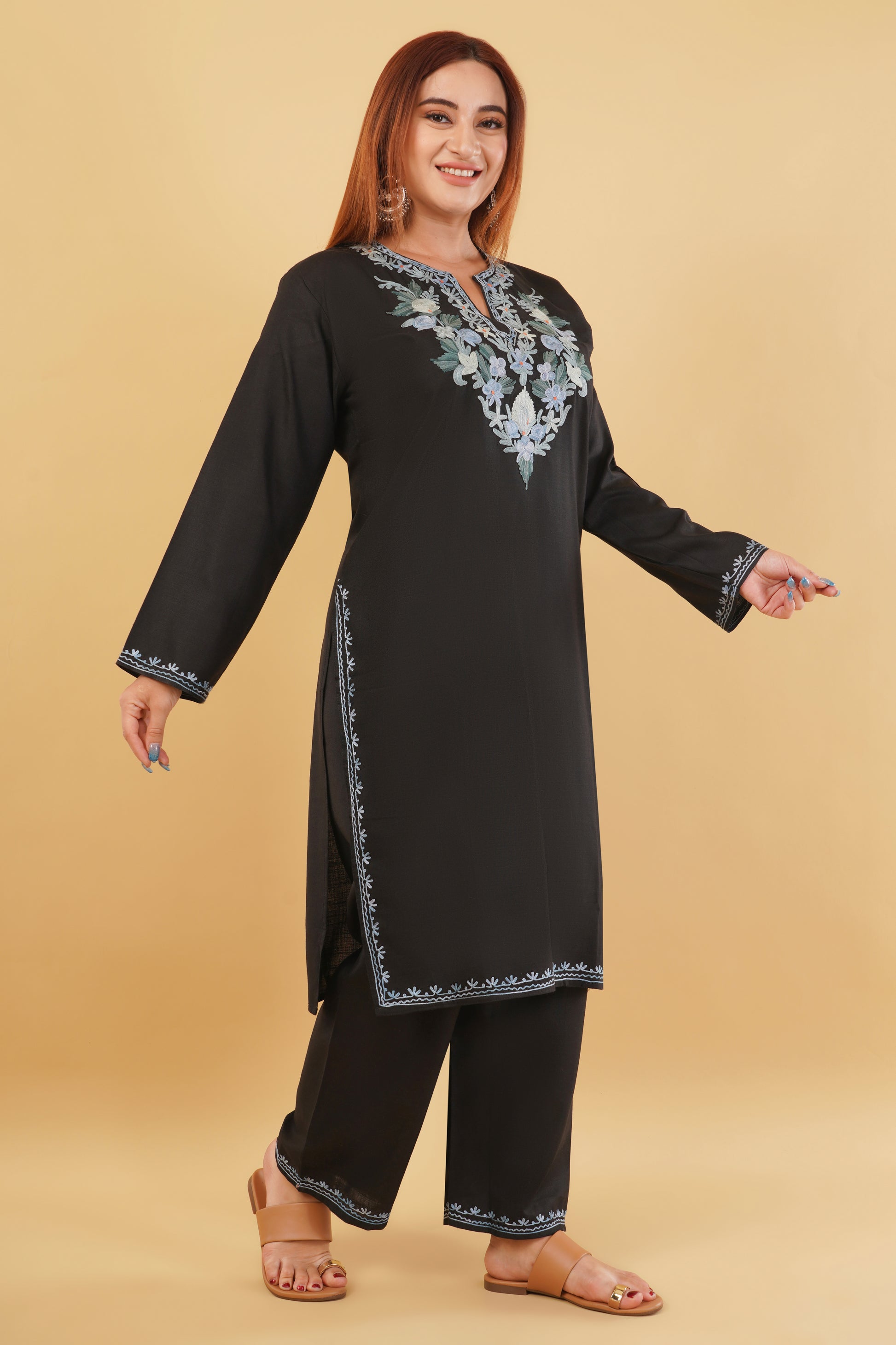 Kashmiri Aari embroidery Cotton Co-ord set Size-44 (Black)