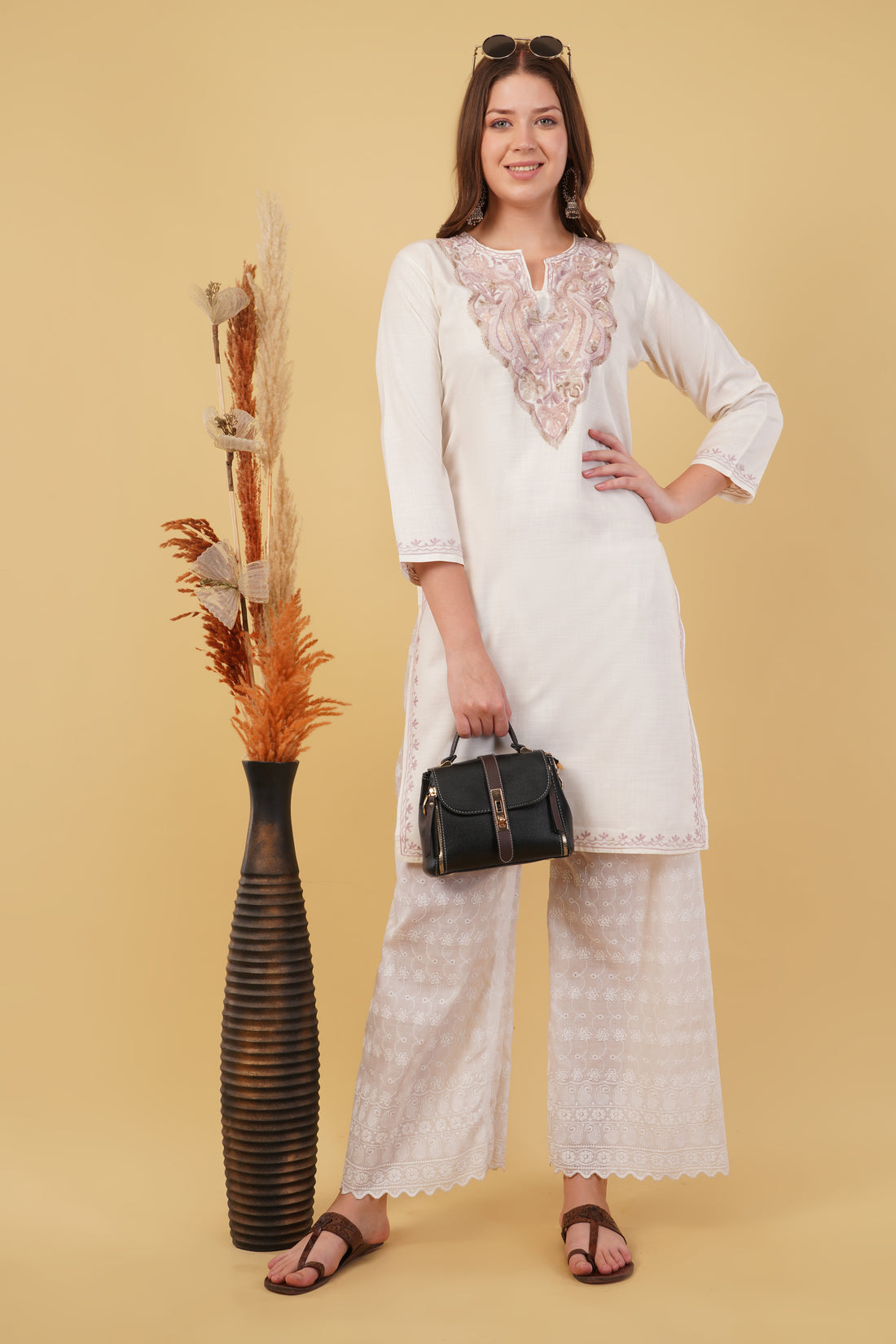 Kashmiri Aari embroidery Cotton Long Kurti Size-40(White)