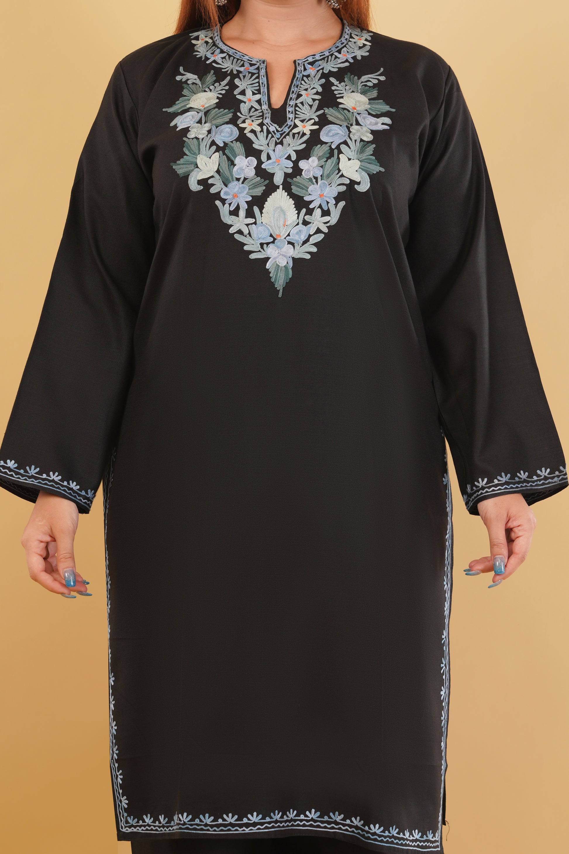 Kashmiri Aari embroidery Cotton Co-ord set Size-44 (Black)