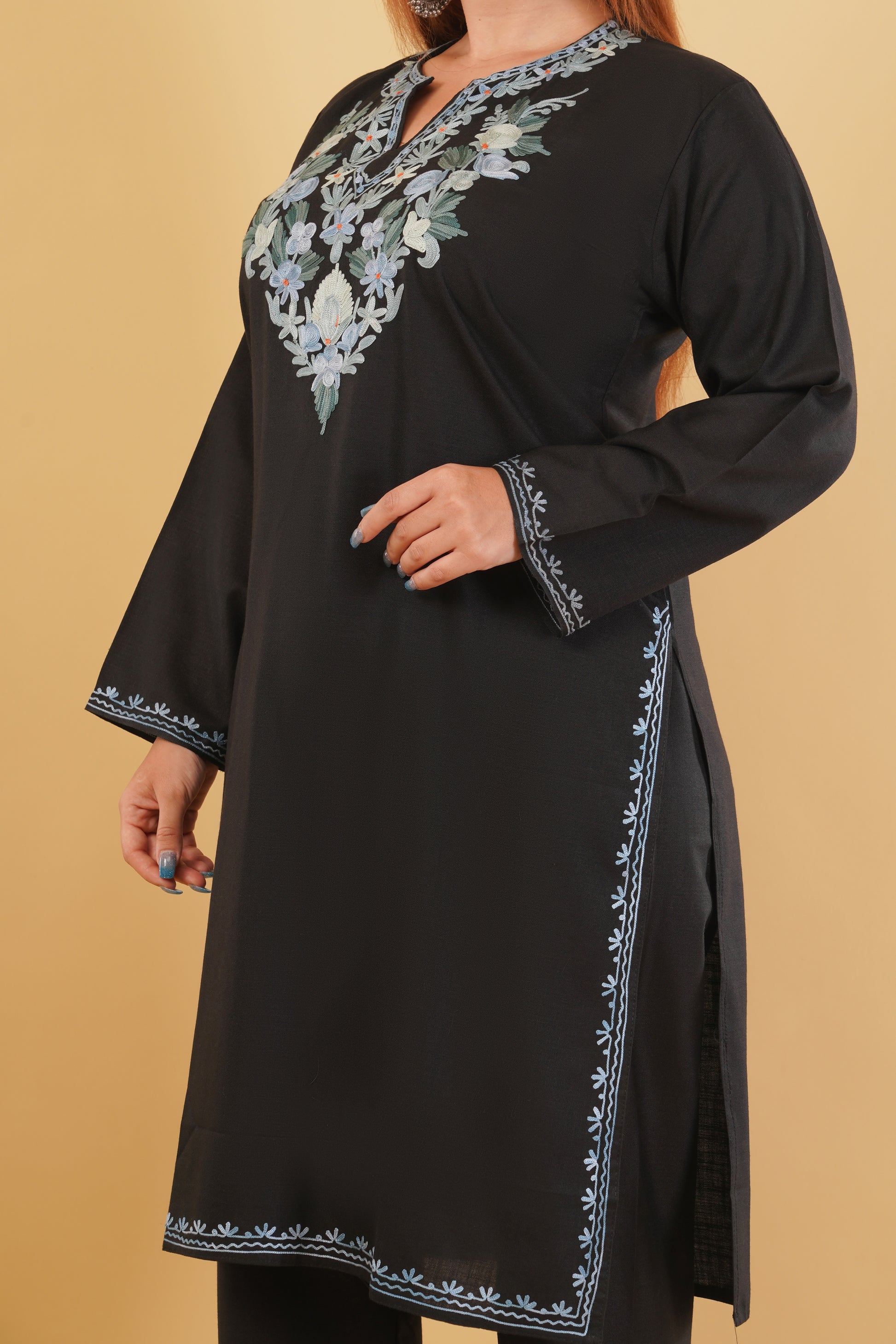 Kashmiri Aari embroidery Cotton Co-ord set Size-44 (Black)