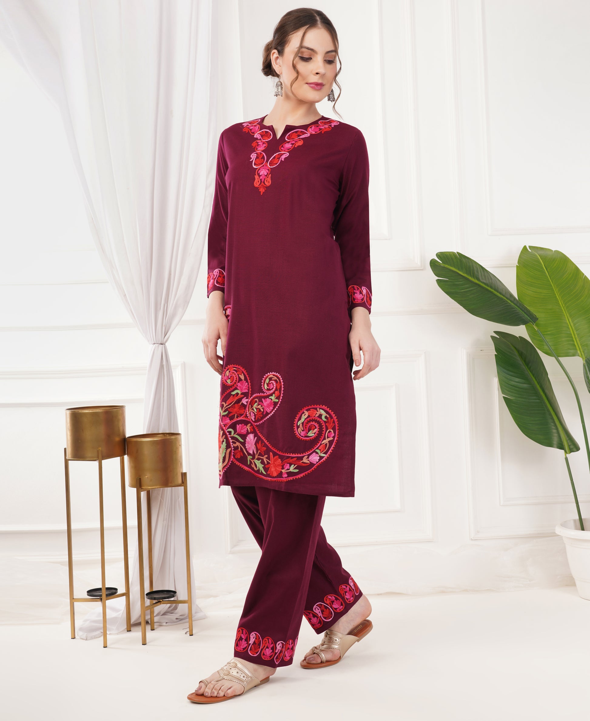 Pure Acro Wool Kashmiri Aari Work Kurti, Pant & Shawl Set (Wine)