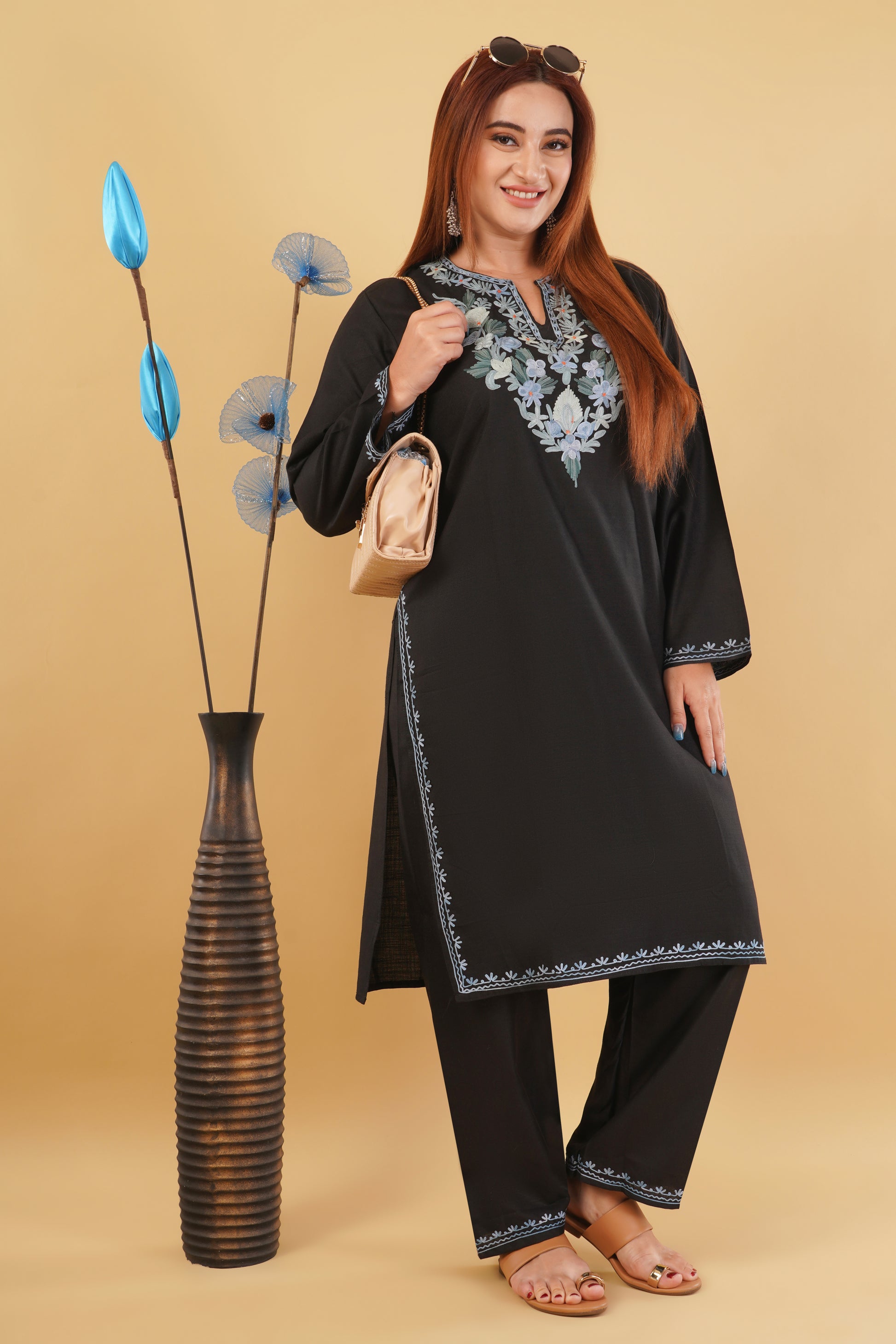 Kashmiri Aari embroidery Cotton Co-ord set Size-44 (Black)